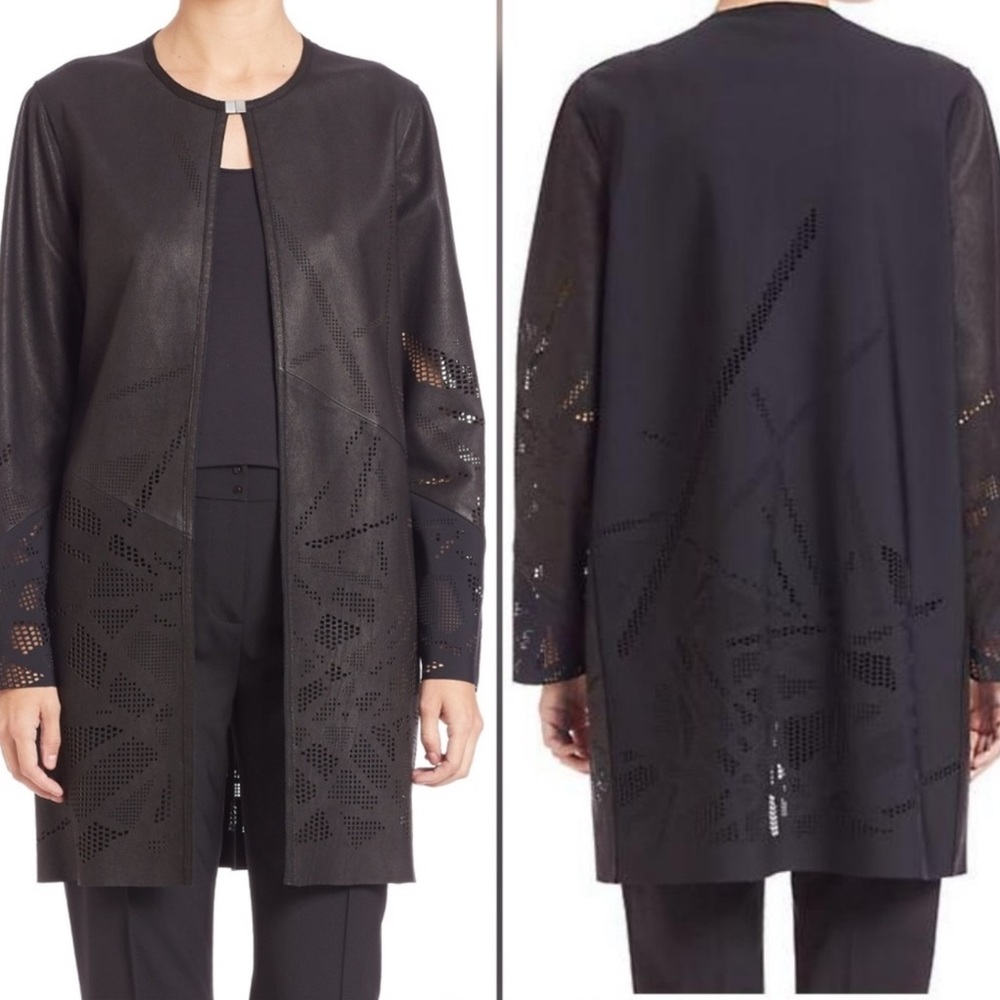 Elie Tahari Melody Laser Cut Leather Black Coat